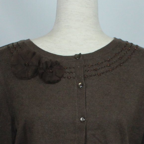 NWT Nordstrom Caslon Brown Cardigan Sweater w/Beadwork & Flowers at Neckline - Picture 3 of 3